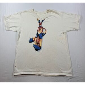 Vintage Trompe L'oeil Tie Graphic T-Shirt V-Neck Off White Single Stitch Large